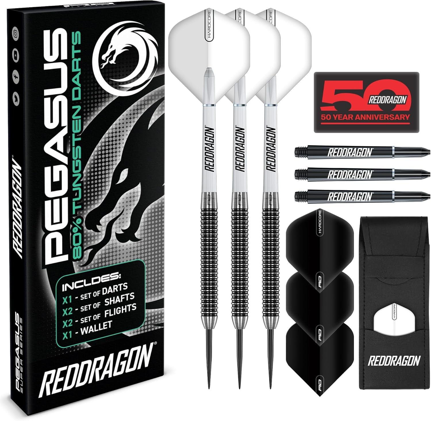 Pegasus Professional Tungsten Steeltip Darts Set Available in 21, 23, 24, 25, 26, 28, 30 Gram with Flights, Stems (Shafts) and Wallet