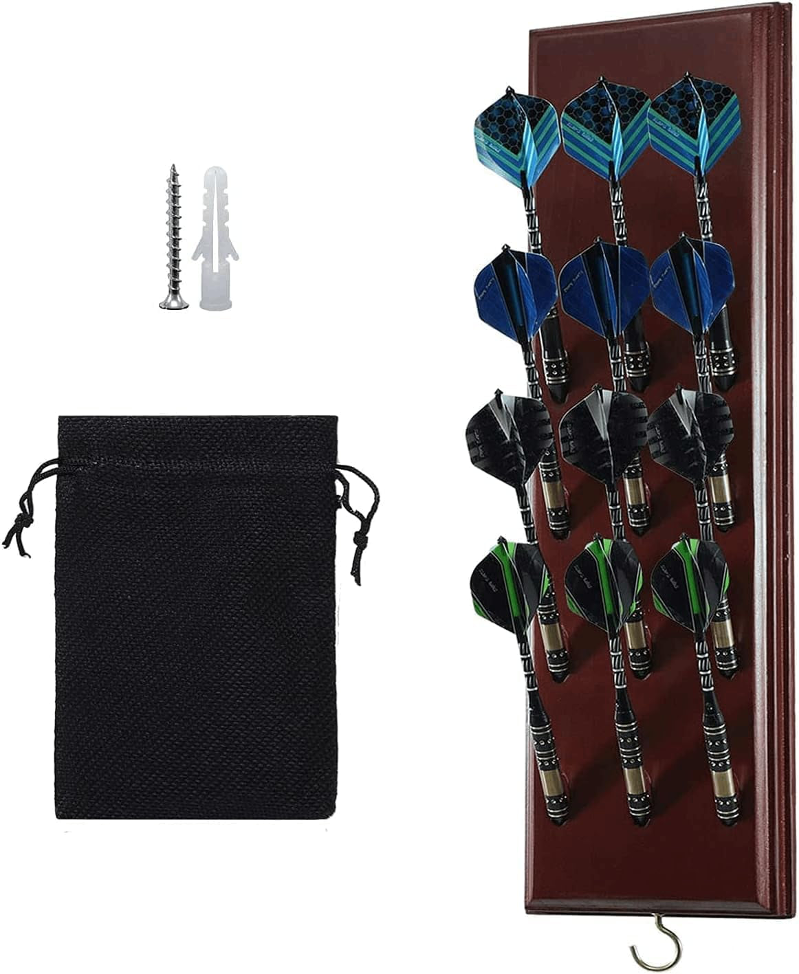 Darts Caddy Wall Mounted Darts Holder/Stand/with Metal Hook, Accessory Storage Bag, Displays 12 Set of Steel/Soft Tip Darts