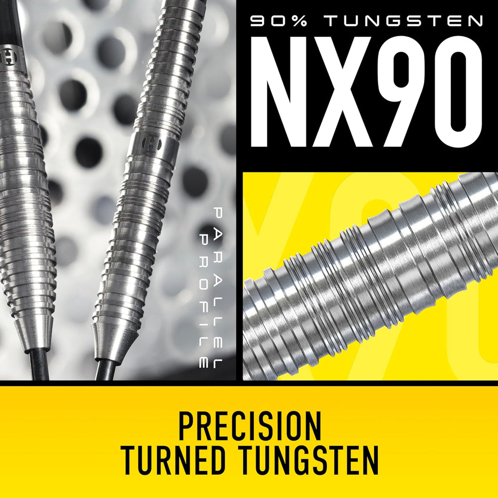 NX90 Bomb & Parallel Shape Darts Set I Professional Darts 90% Tungsten Steel Tip ALL Weights Pro Darts I 10pc Set with Black Supergrip Midi Shafts & NX90 Flights