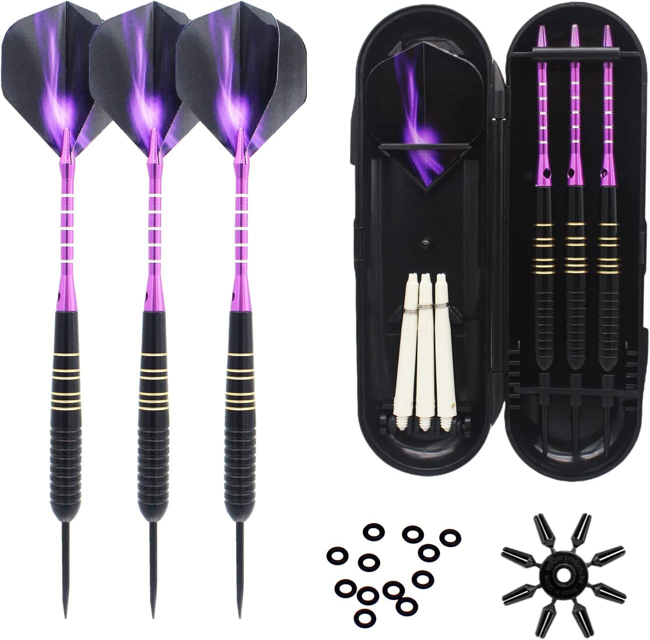 Steel Tip Darts 3 Pack 23 Grams Professional Darts Metal Tip Set with Brass Barrels Aluminum Shafts Extra 3 PVC Dart Shafts 8 Flight Protectors 12 Rubber O-Rings Dart Storage Case