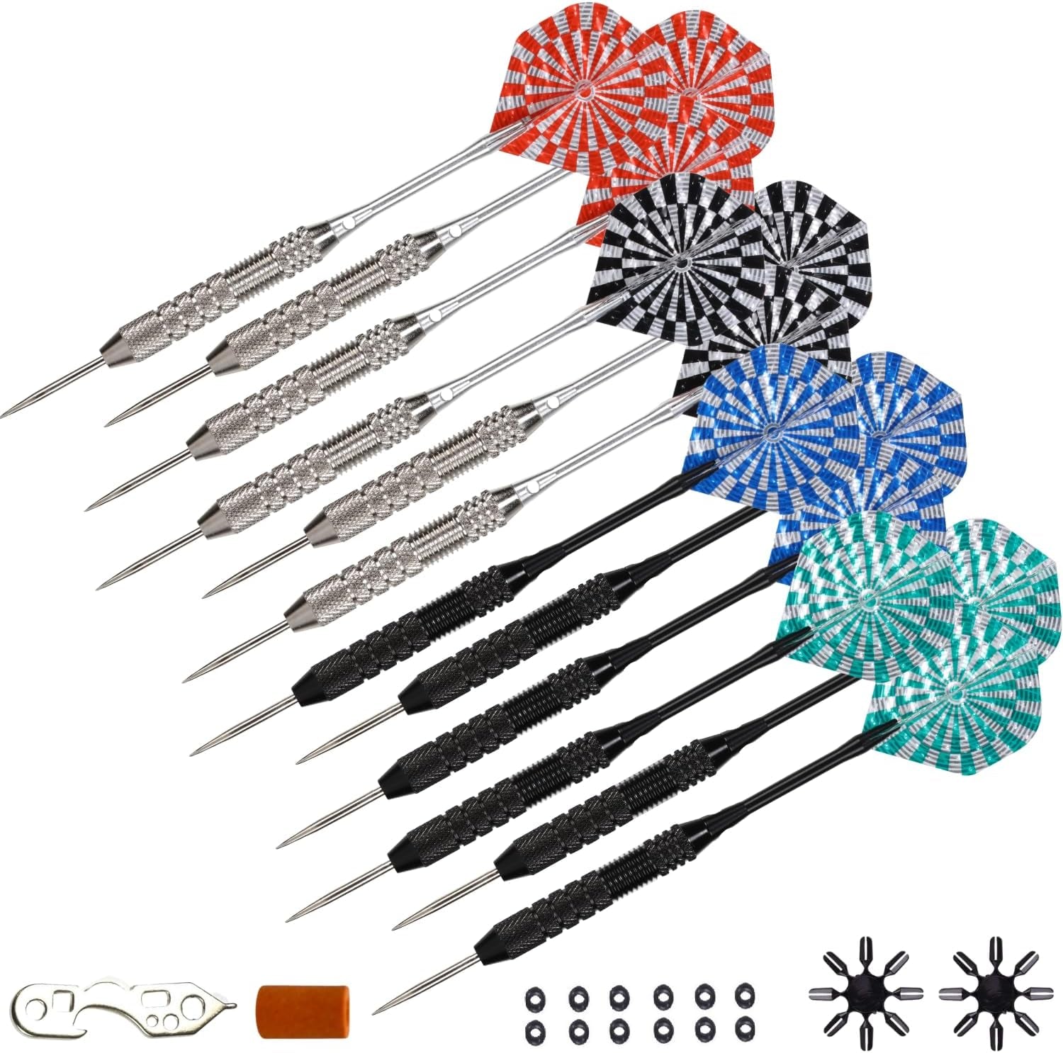 Professional Steel Tip Darts 12 PC Set | 12 PC Brass Barrels | 12 PC Aluminum Shafts 48mm | 16 PC Flights Standard Shape | 1 Multi-Purpose Dart Tool | 1 Carry Bottle