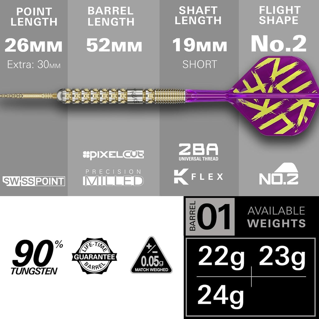 Luke Littler Gen 1 Prodigy Steel Tip Swiss Point Darts, 90% Tungsten Darts, 22G/23G/24G | Generation 1 Gold Steel Tip Darts, G1 Player Edition Swiss Points Dart Sets, Flights and Shafts