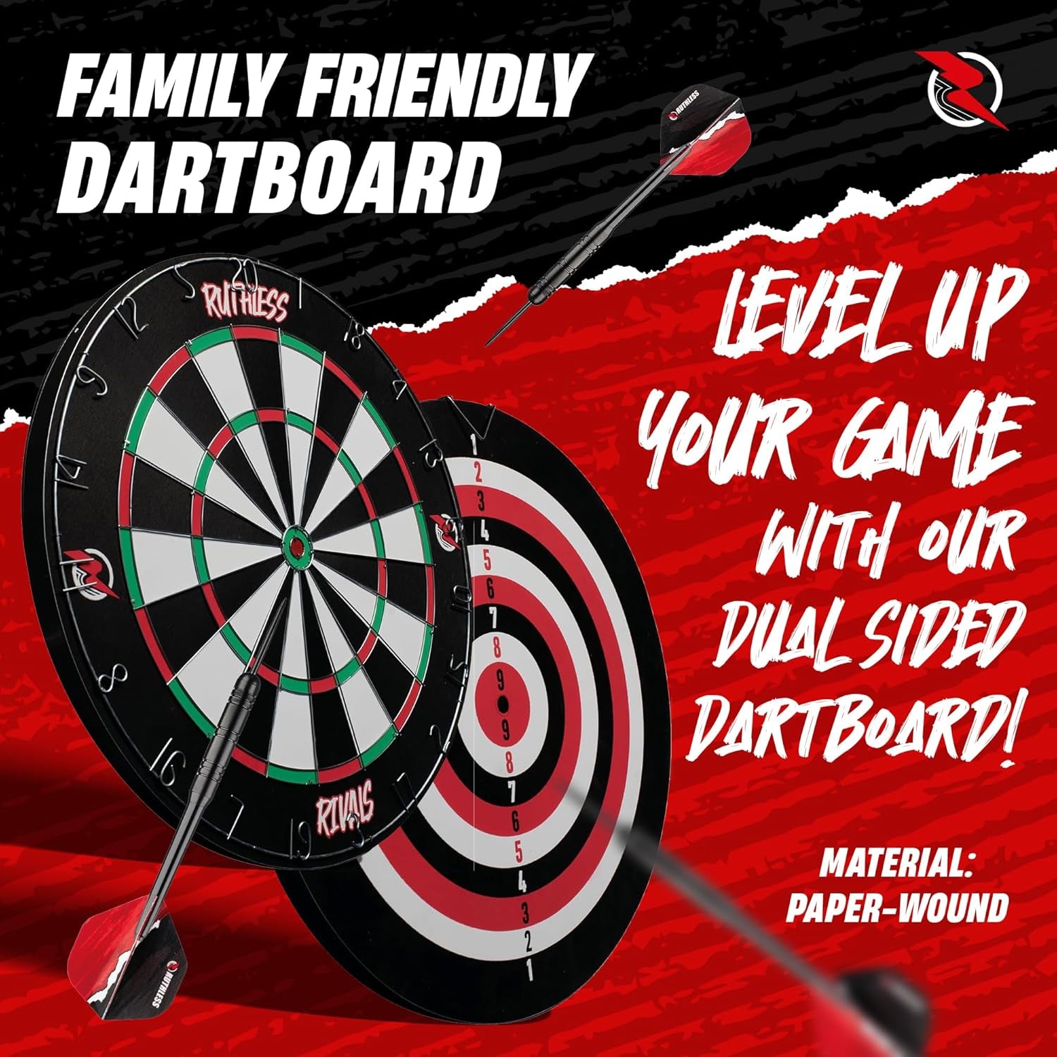 Rivals Family Dart Board Game | 18*1 Double Sided Dartboard Set Including 2 Sets of Darts (DB074)