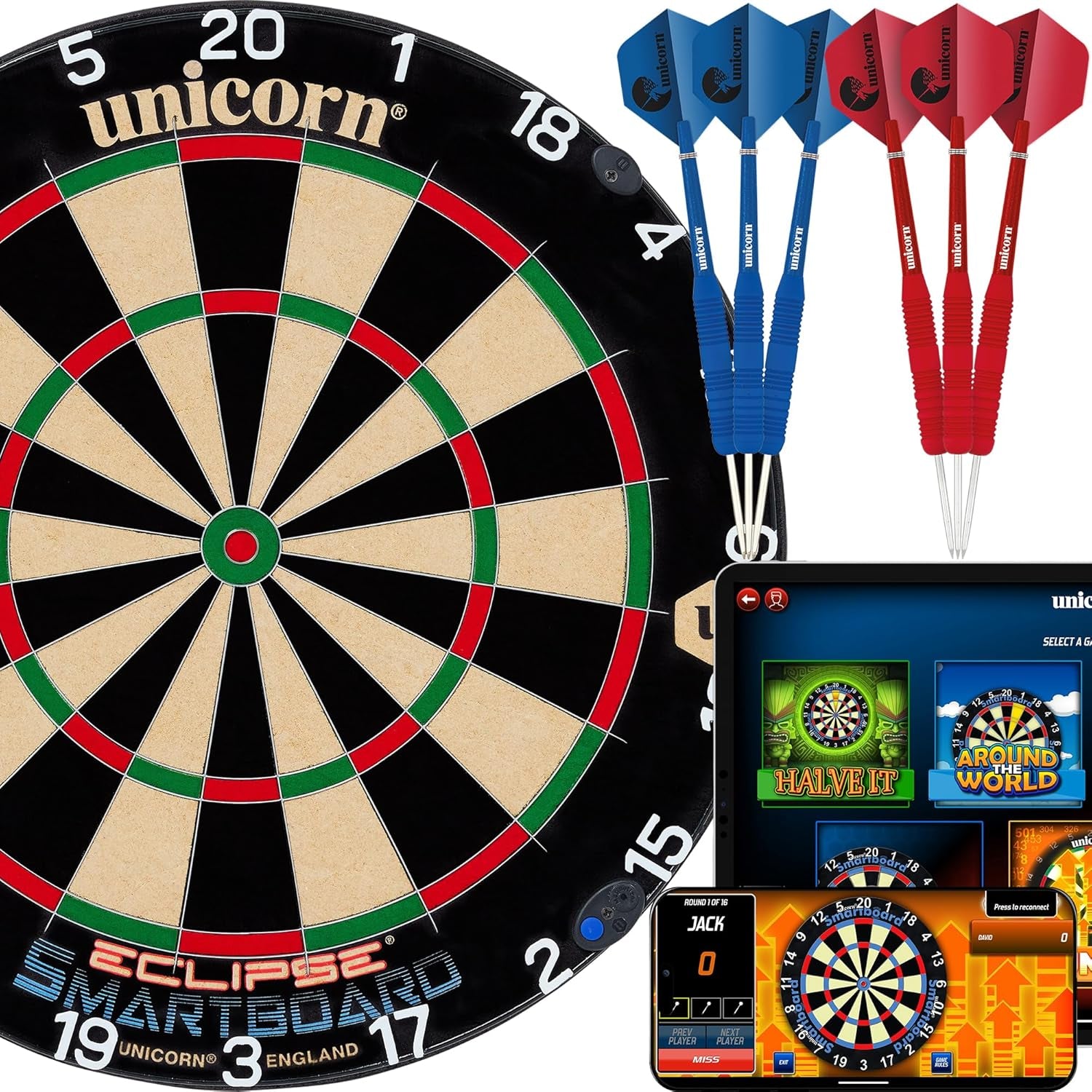 Electronic Dartboard | Smartboard | Traditional Sisal Bristle | Connects to Bluetooth Scorebuddy App | includes 6 Steel Tip Darts
