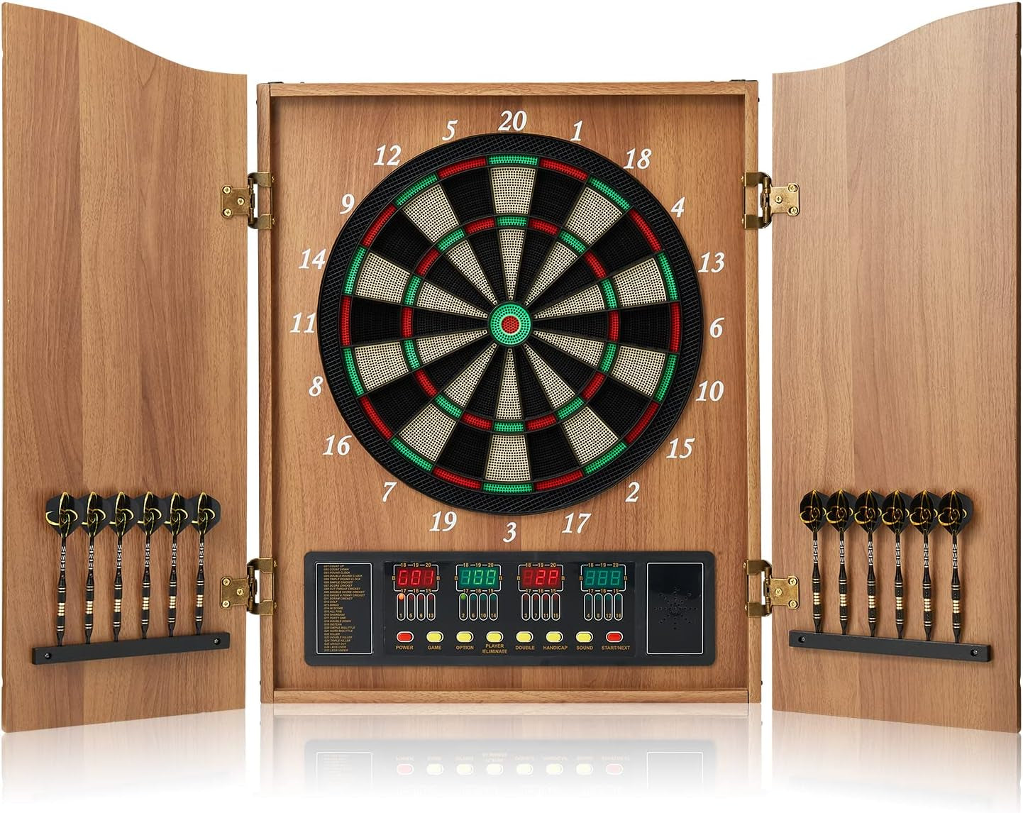 Decorative Dart Board Cabinet Set with Electronic Dart Board, 12 Soft Tip Darts, Wooden Cabinet Doors with Integrated Scoreboard, Apricot