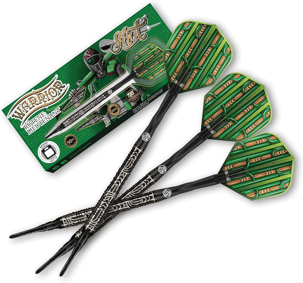 Darts Soft Tip, Warrior Rutene (18g/20g) 90% Tungsten, Front Balanced with Secure grip, Hand Drawn Design, Handcrafted Professional Dart Set and Flights Made in New Zealand, Plastic Tip Bar Darts